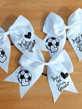 White 'Just a Girl with Goals' Soccer Bow Hair Tie for Kids With RHINESTONES